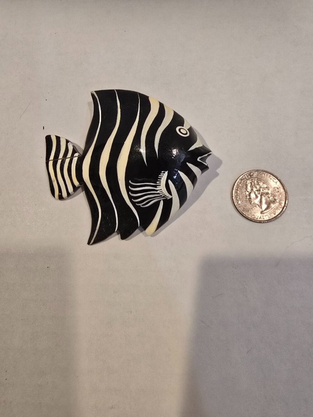 Pin Hand-painted Wood Angel Fish Black White Lacquered 3"x3" 1980s Repair
